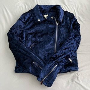 NEW Urban Outfitters Blue Velvet Moto Jacket